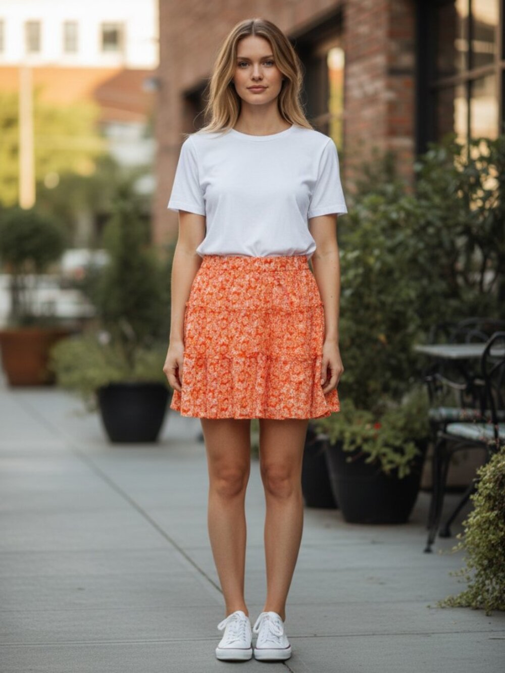 Sim & Sam Orange Floral Daisy Print Bubble Hem Skirt, Large